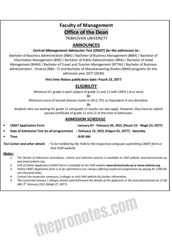 CMAT Notice For BBA, BBM, BIM, BPA, BHM, BMS, BBA-F & BTTM : FOMECD