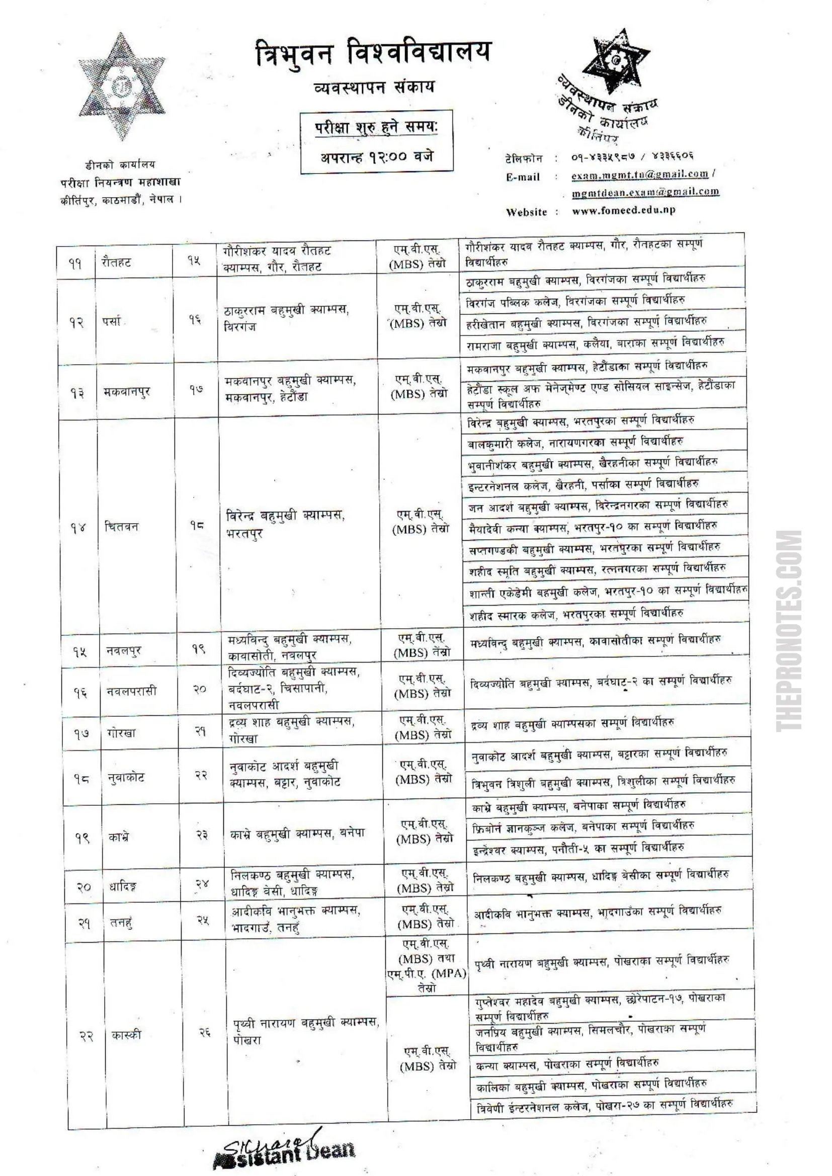Examination center for third semester MBS & MPA published : TU