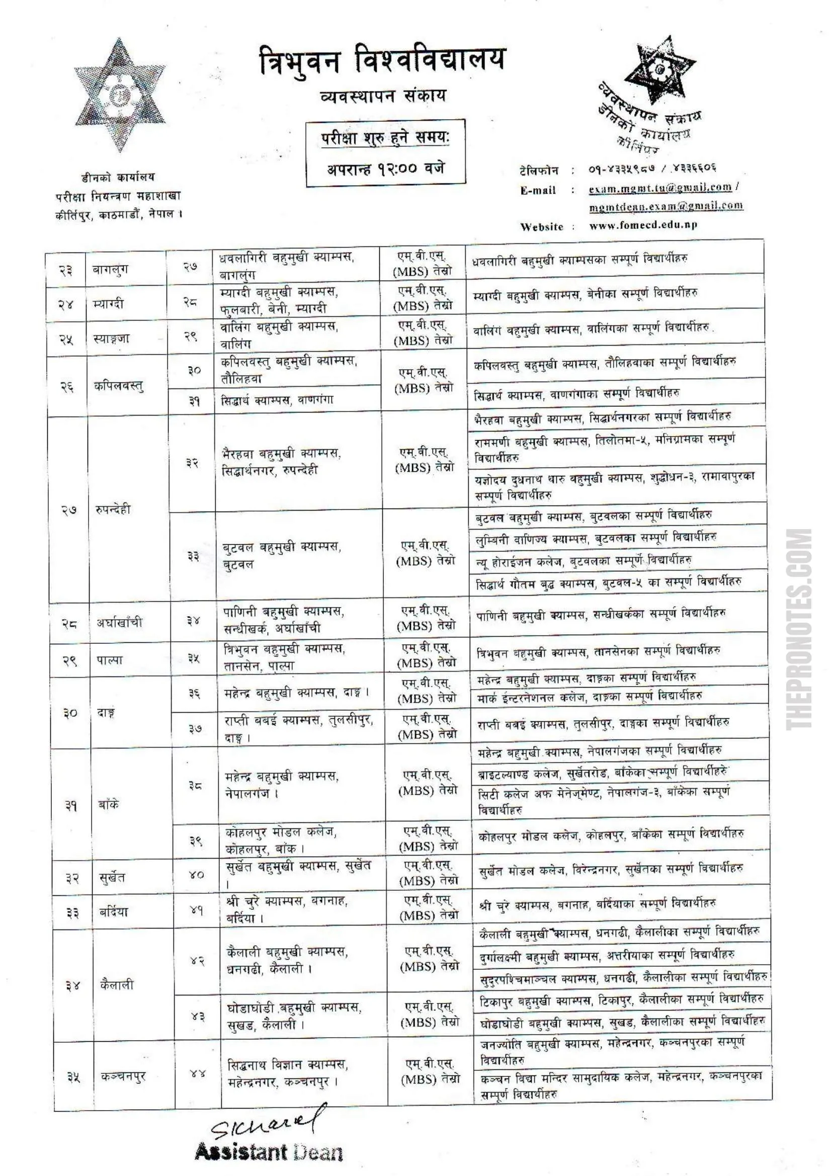 Examination center for third semester MBS & MPA published : TU