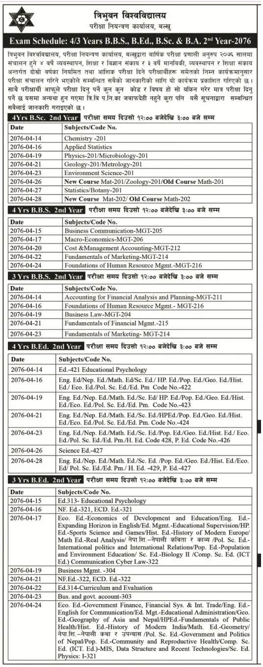 BA, BBS, B.Ed and B.Sc Second Year Examination Routine 2076