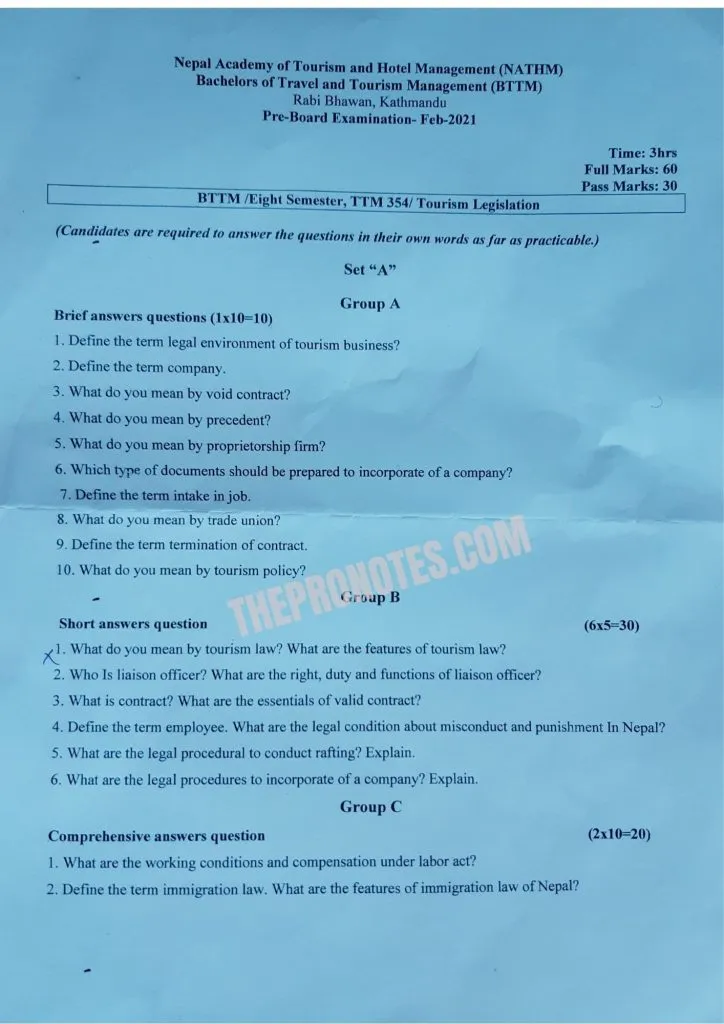 Tourism Legislation Old Question paper