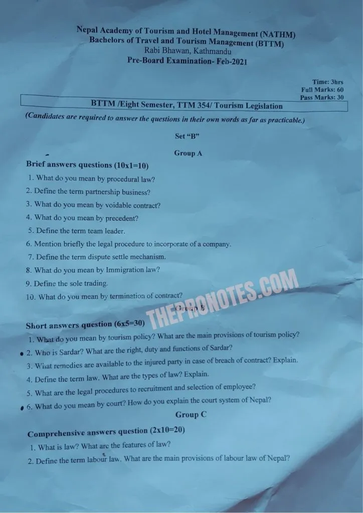 Tourism Legislation Old question paper