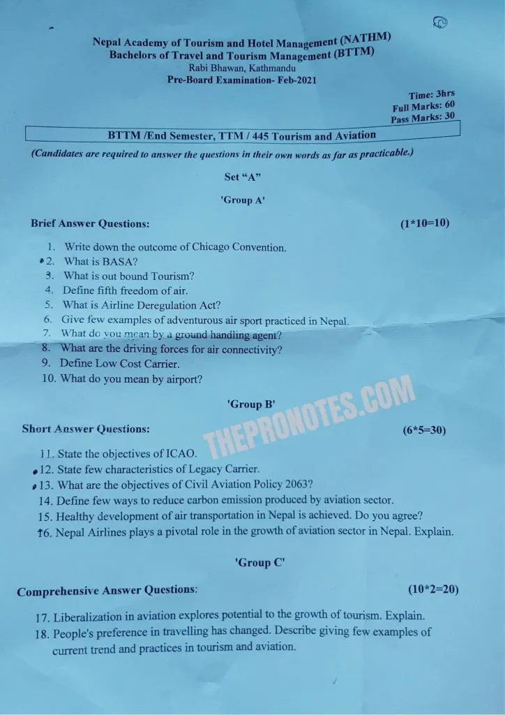 Tourism and aviation old question paper.