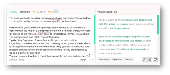 Paraphrasing text in online paraphraser tool.